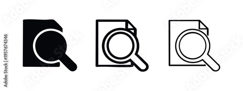 Document search icon set. File and magnifying glass symbol. Paper lookup or content research vector illustration.
