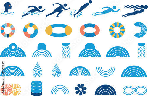 Set of abstract swimming icons featuring stylized water elements and various aquatic sport poses Vector