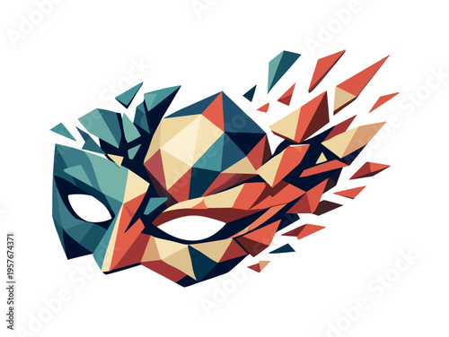Low-poly vector illustration of a fractured mask bursting apart to reveal the inner form, faceted mask pieces breaking outward in