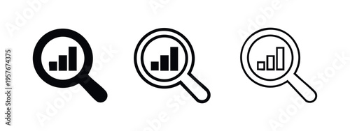 Data analysis search icon set. Magnifying glass with bar chart symbol. Statistics and business analytics vector.