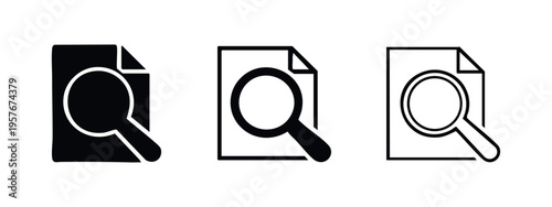 Document search icon set. File and magnifying glass symbol. Paper lookup or content research vector illustration.