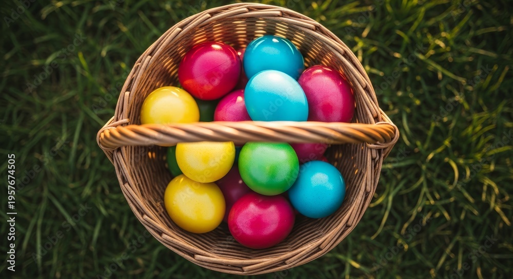 Obraz premium Colorful Easter eggs in woven basket on green grass