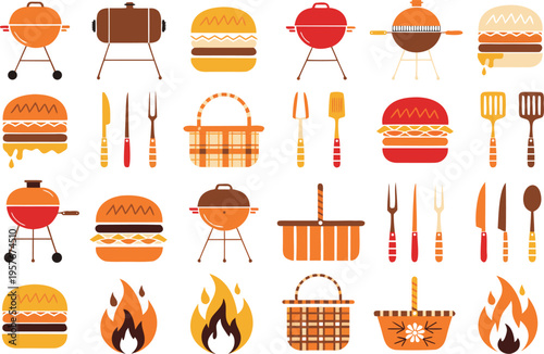 A collection of colorful flat icons featuring barbeque grills burgers picnic baskets and utensils Vector