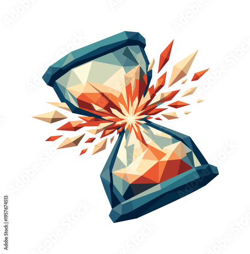 Low-poly vector illustration of an hourglass releasing a powerful sand burst, faceted triangular sand grains exploding outward