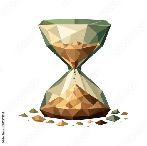 Low-poly vector illustration of sand settling after the burst within the hourglass, angular glass chambers stabilizing with a