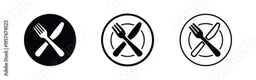 Restaurant Dining Icon Set. Crossed Fork and Knife Symbols on a Plate