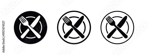 Cutlery icon set. Fork and knife on a plate symbol. Restaurant and dining black vector illustration.