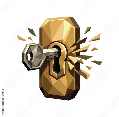 Low-poly vector illustration of a key inserted into a door lock as the central hero object, faceted metal key and angular keyhole