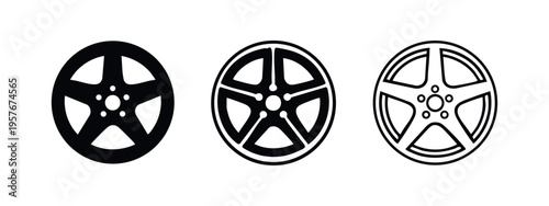 Car wheel rim icon set. Alloy wheel symbol for automotive, racing, and vehicle parts design.