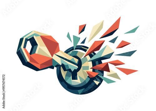 Low-poly vector illustration of a key twisting sharply to unlock a door, faceted key rotating forcefully while explosive