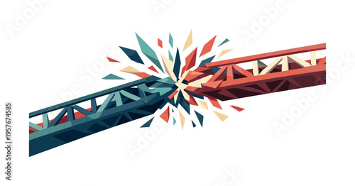 Bridge Connection Imminent. Low-poly vector illustration of a bridge snapping into place across a gap, faceted triangular beams