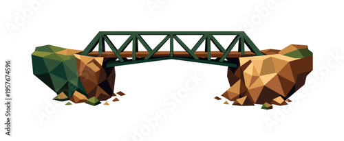 Low-poly vector illustration of a completed bridge firmly spanning the gap, angular triangular beams stabilized between the two