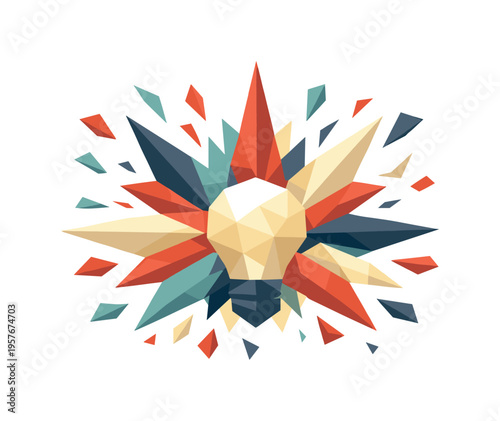 Low-poly vector illustration of an idea spark bursting outward with energy, faceted triangular rays exploding from the center
