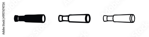 Monocular Icon Set. Handheld Telescope Symbol for Observation in Solid, Outline, and Linear Styles.