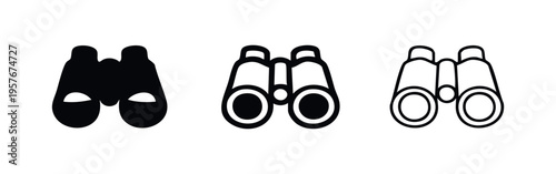 Binoculars Icon Set. Optical Device for Viewing Distant Objects in Solid, Outline, and Linear Styles.