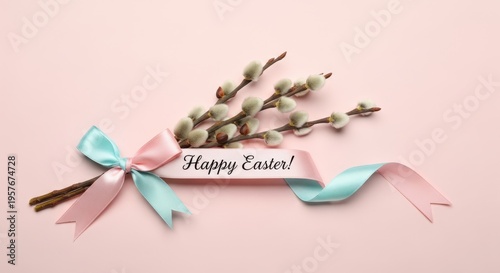 Easter greeting with pastel ribbons and pussy willow on pink