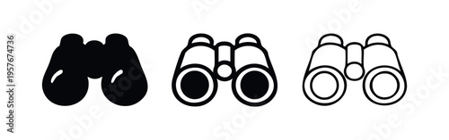 Binoculars Icon Set. Vision and Exploration Tool Symbol in Solid, Outline, and Linear Styles.