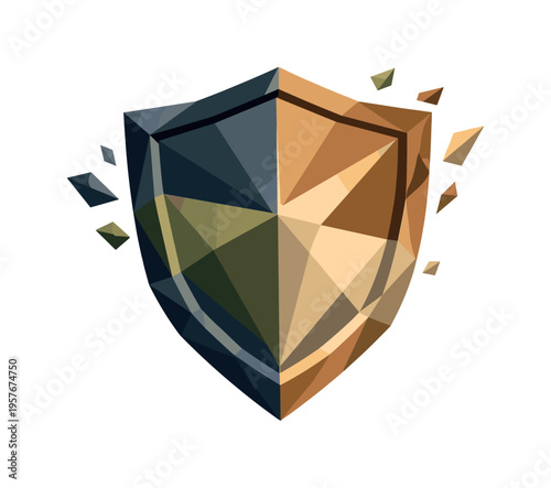 Low-poly vector illustration of a shield as the central hero object symbolizing trust, faceted shield body built from sharp