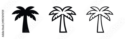 Palm Tree Icon Set. Tropical Beach and Vacation Symbol in Solid, Outline, and Linear Styles.