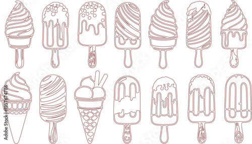 A collection of illustrated ice cream popsicles in various flavors and designs
