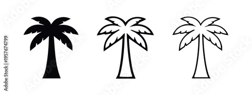 Palm Tree Icon Set. Summertime and Island Holiday Symbol in Solid, Outline, and Linear Styles.