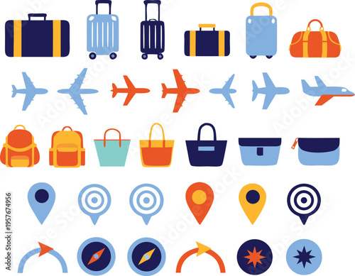 Collection of various travel luggage bags airplanes location pins and navigational icons set Vector