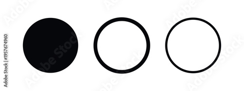 Circle icon set in different styles. Blank round button or frame in flat, outline, and bold outline designs.