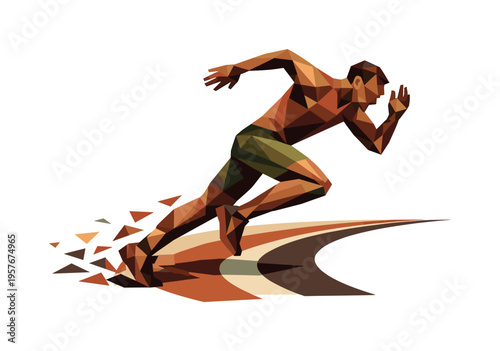 Low-poly vector illustration of a sprinter rounding a track corner, faceted athlete figure built from sharp triangular polygon