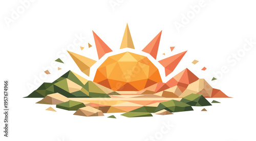 Low-poly vector illustration of a stabilized sunrise scene signaling a new chapter, angular sun fully above faceted horizon with
