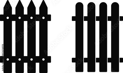 Black wooden picket fence silhouette vector set featuring classic and rounded styles, minimal flat icon design isolated on white background illustration