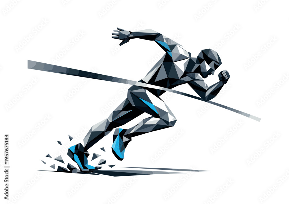 Fototapeta premium Low-poly vector illustration of a runner approaching the finish line, angular faceted body leaning forward with triangular