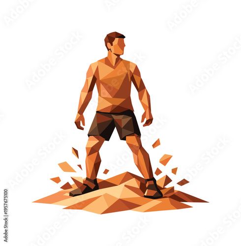 Low-poly vector illustration of a runner stabilizing after crossing sand dunes, angular faceted body upright with crisp