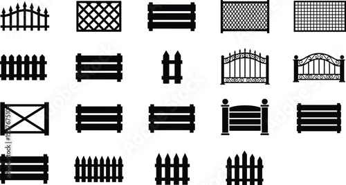 Collection of black fence silhouettes in various styles including picket, metal, wooden and decorative gates, vector set isolated on white background