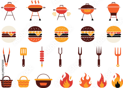 Set of colorful vector icons featuring barbecue grills burgers cooking utensils and fire flames Vector