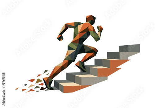 Low-poly vector illustration of a runner ascending city stairs, faceted athlete figure built from sharp triangular polygon planes