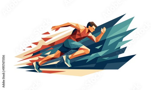 Runner in Motion. Low-poly vector illustration of a runner dashing through the tunnel at full speed, faceted triangular limbs