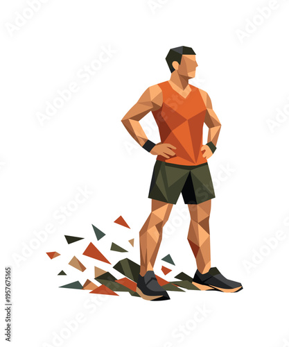 Low-poly vector illustration of a runner stabilizing after crossing the bridge, angular faceted body upright with crisp
