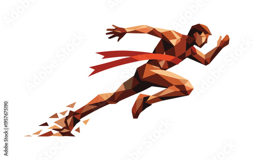 Low-poly vector illustration of a runner dashing toward the finish line, faceted athlete figure built from sharp triangular