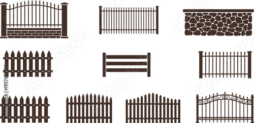 Collection of fence and gate icons including wooden, metal and stone styles isolated on white background, garden boundary design vector illustration set