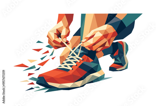 Low-poly vector illustration of a runner actively tying a shoelace, faceted triangular hands pulling the lace while polygon