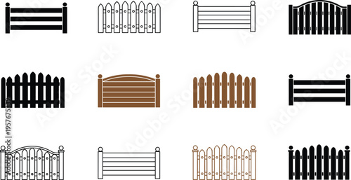 Collection of various wooden fence icons in different styles isolated on white background, decorative garden barriers, picket and panel fencing vector illustration set