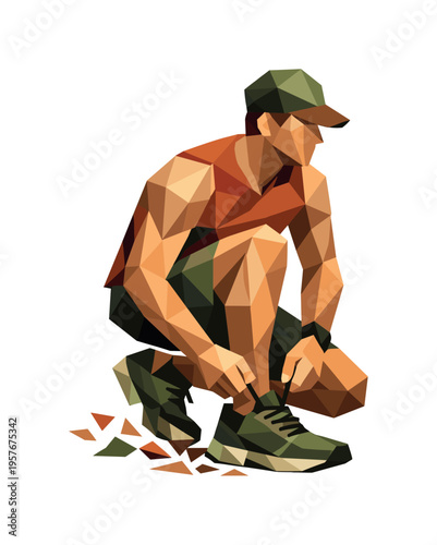 Low-poly vector illustration of a runner stabilizing after tying the shoelace, angular faceted body upright with crisp triangular