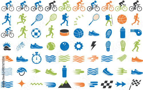 Set of colorful flat sport and fitness icons featuring equipment and athletic activity symbols Vector