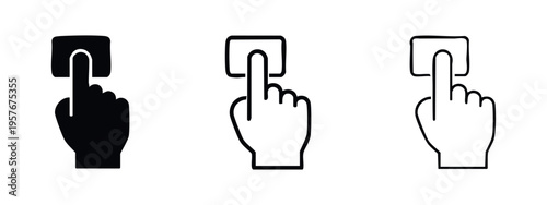 Hand pressing button icon set. Finger pushing a rectangular user interface element symbol.