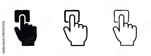 Finger pressing button icon set. Hand interaction with a UI element symbol in multiple styles.
