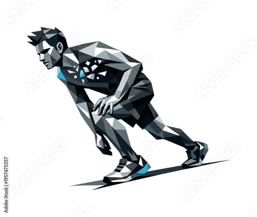 Futuristic Runner Preparation. Low-poly vector illustration of a runner preparing to focus on breathing, angular faceted body