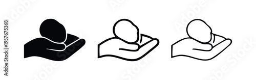 Hand holding object icon set. Open palm cradling a smooth stone or a valuable item symbol.