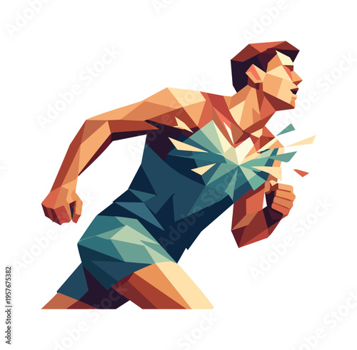 Low-poly vector illustration of a runner in active breath-focused motion, faceted triangular torso expanding while polygon shards