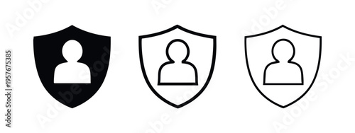 User security shield icon set. Person profile inside a protective shield symbol.
