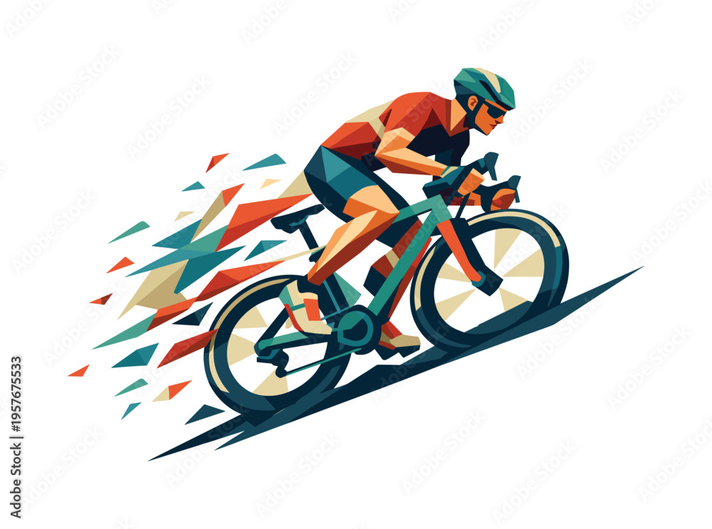 Fototapeta premium Low-poly vector illustration of a bike chain snapping violently during a ride, faceted triangular links flying apart while